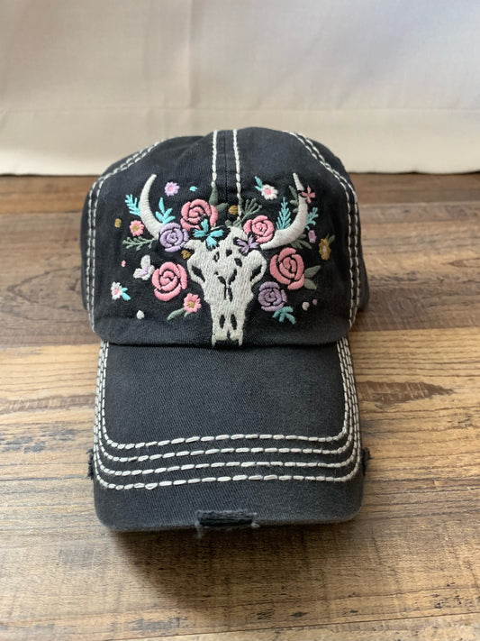 Distressed Black Flowered Skull Cap